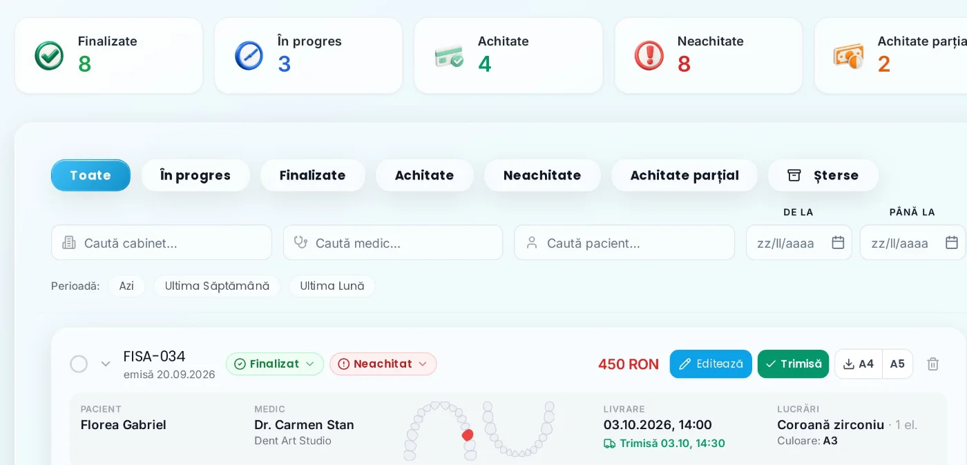 Lista comenzilor, cu stadiul livrării și al plății