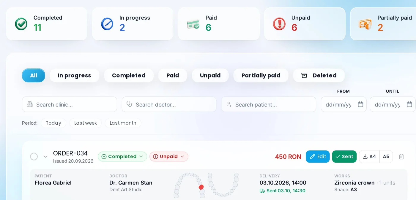 The order list, with delivery and payment status