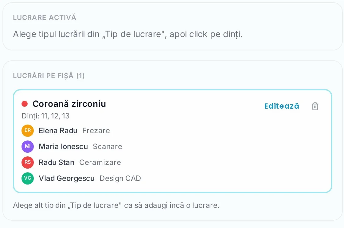 Manoperele lucrării, atribuite pe tehnicieni